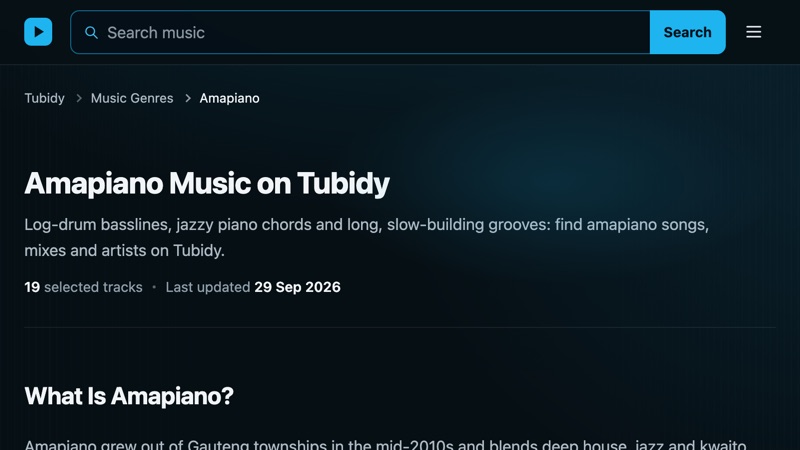 Halaman genre Amapiano di Tubidy dengan daftar lagu