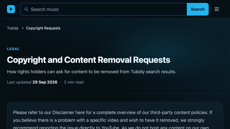 Tubidy Copyright and Content Removal Requests page