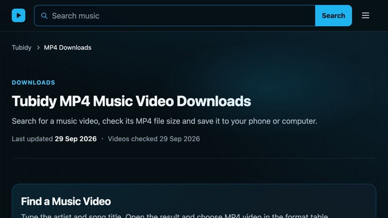Tubidy MP4 music video downloads page with a search box