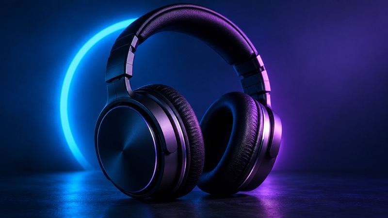 Over-ear headphones with blue and violet lighting