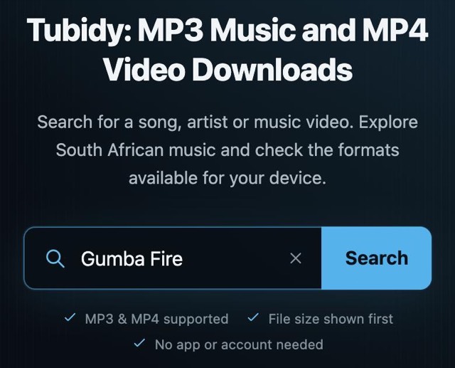 Tubidy home page on a phone with Gumba Fire typed in the search box